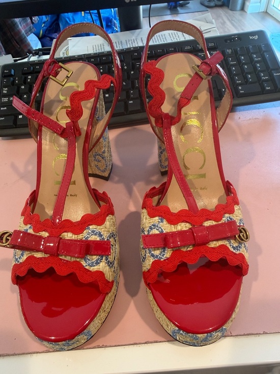 Gucci Shoes - Gucci Red Patent & Woven Platform Slingback Heels